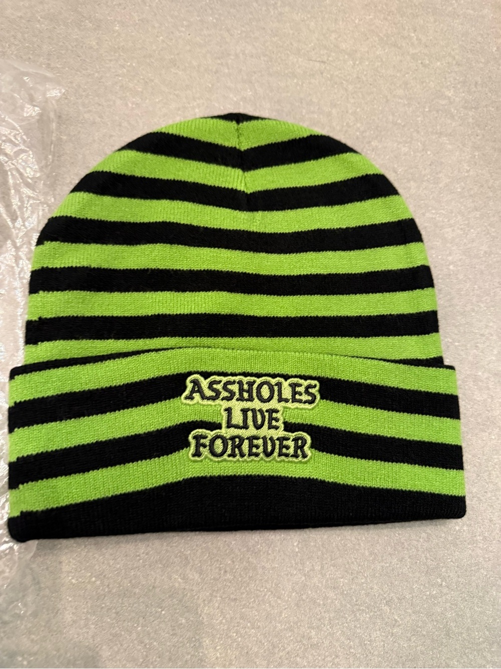 Striped Green & Black Kids Beanie with Embroidered Slogan